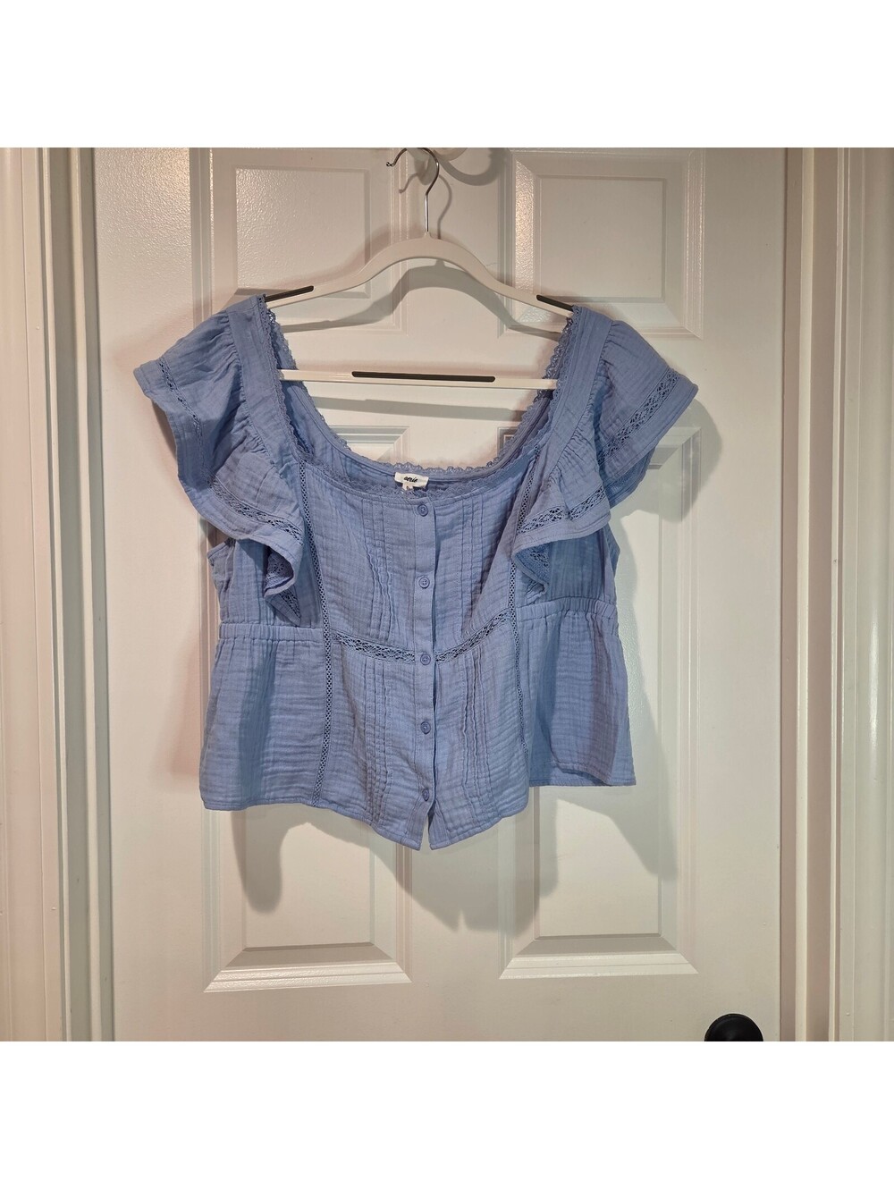 Aerie Light Blue Button-Up Blouse with Ruffle Sleeves XL